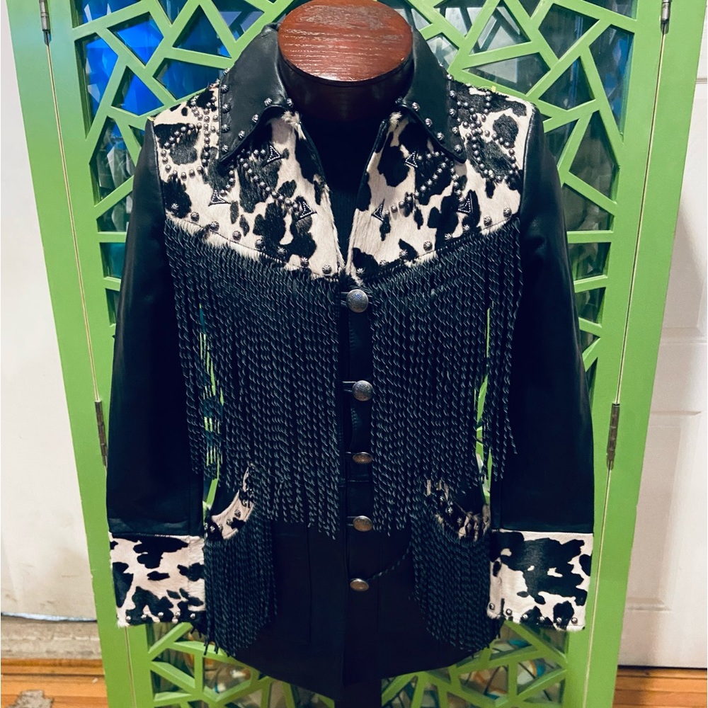 Powder River Outfitters Studded Cow Hide Panels Twisted Fringe Leather Jacket